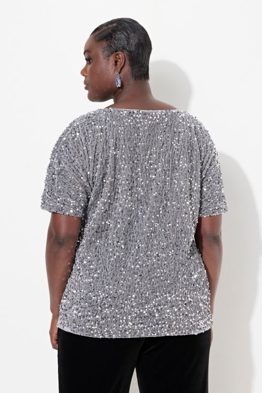 Sequined Short Sleeve Velvet Blouse