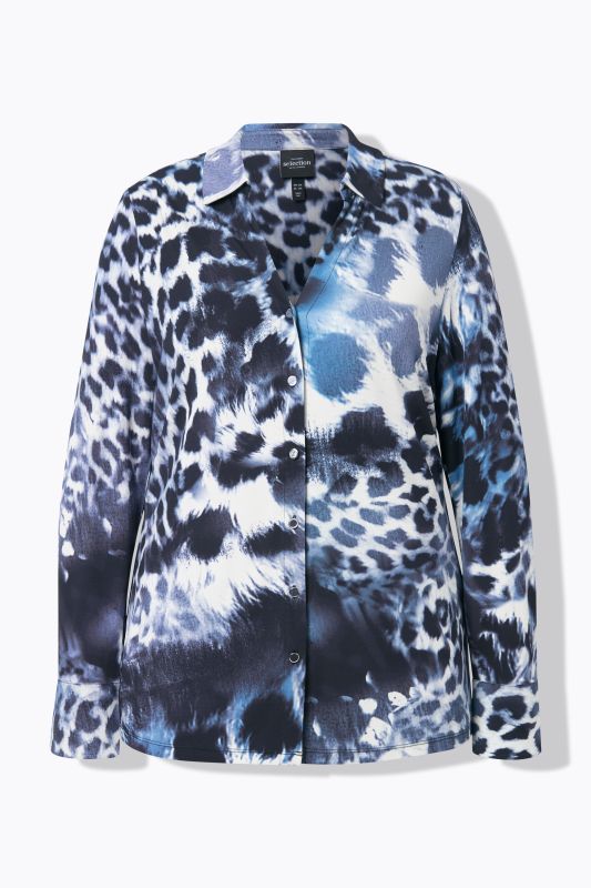Leopard Print Long Sleeve Button Down Jersey Blouse