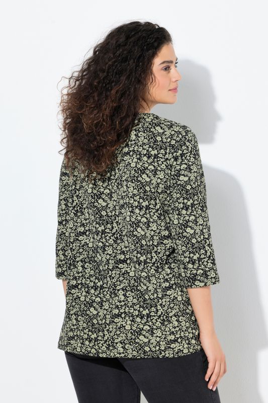 Pleated Floral Print 3/4 Sleeve Tee
