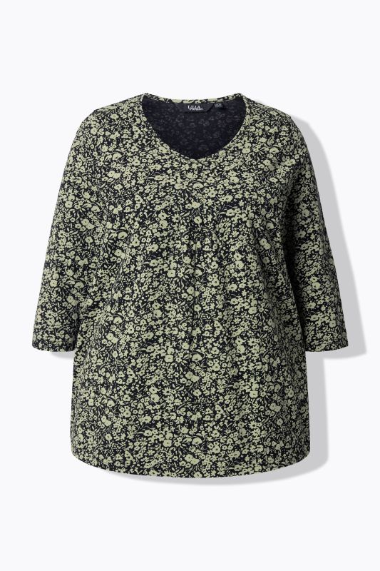 Pleated Floral Print 3/4 Sleeve Tee