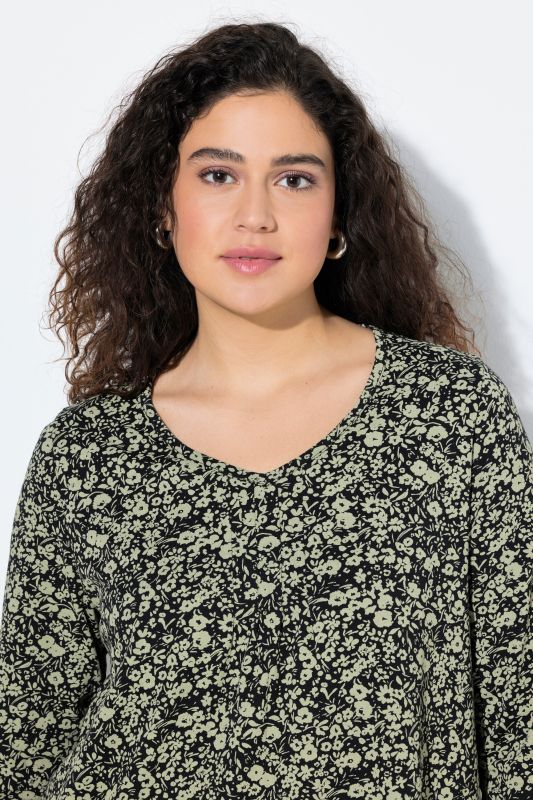 Pleated Floral Print 3/4 Sleeve Tee