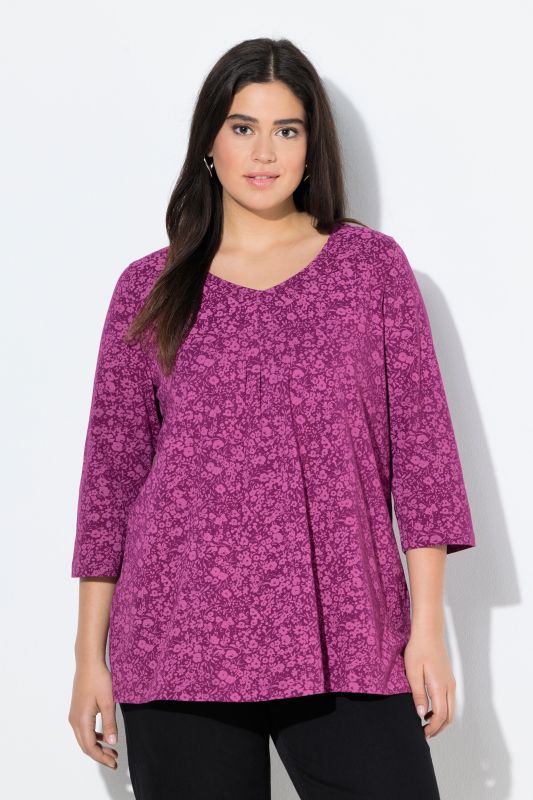 Pleated Floral Print 3/4 Sleeve Tee