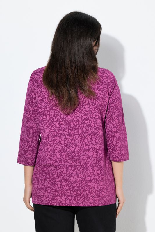 Pleated Floral Print 3/4 Sleeve Tee