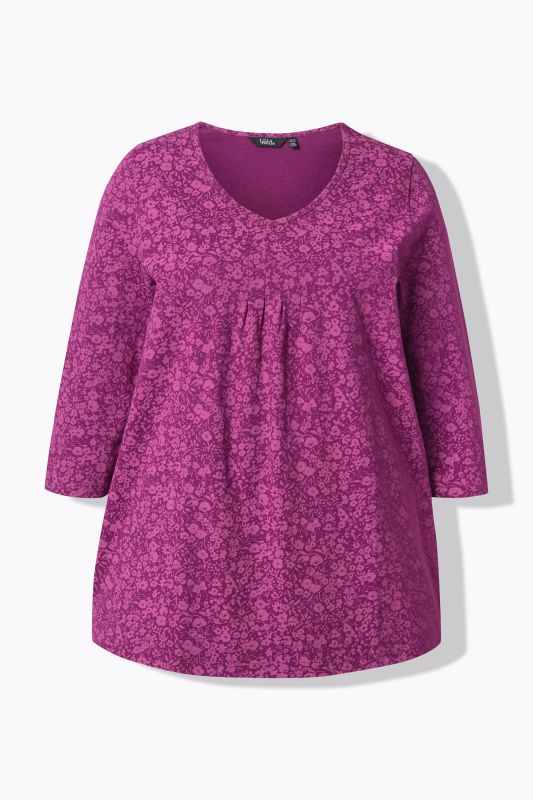 Pleated Floral Print 3/4 Sleeve Tee