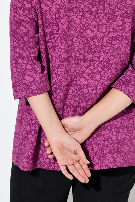 Pleated Floral Print 3/4 Sleeve Tee