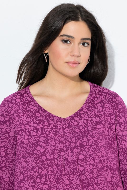 Pleated Floral Print 3/4 Sleeve Tee