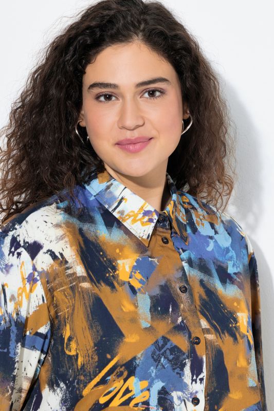 Spray Paint Print Button Down Tunic Blouse