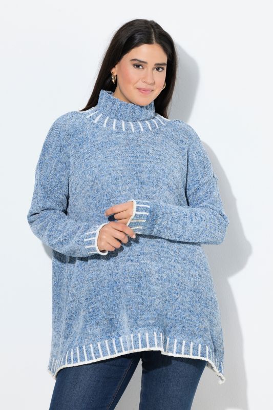 Blanket Stitch Oversized Turtleneck Sweater