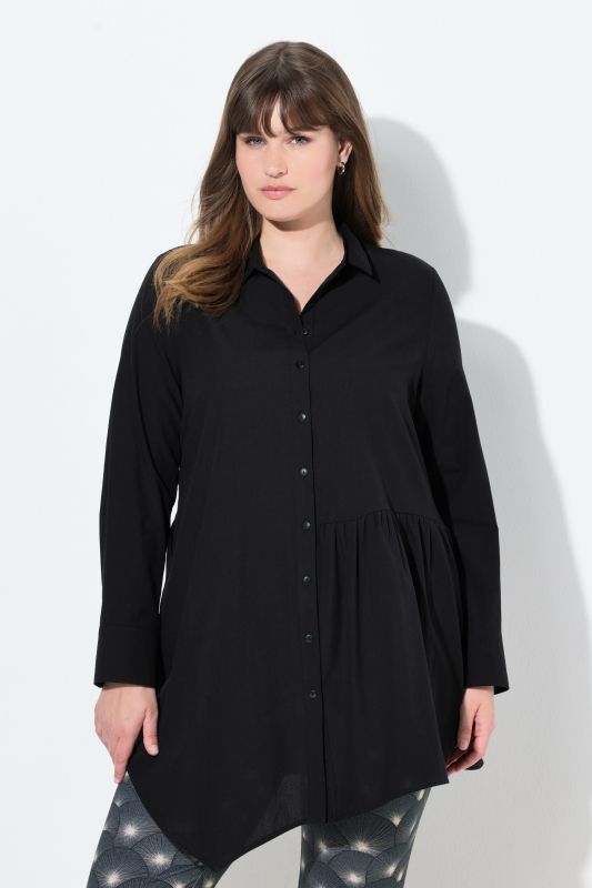 Eco Cotton Asymmetric Flounce Panel Button Down Tunic Blouse