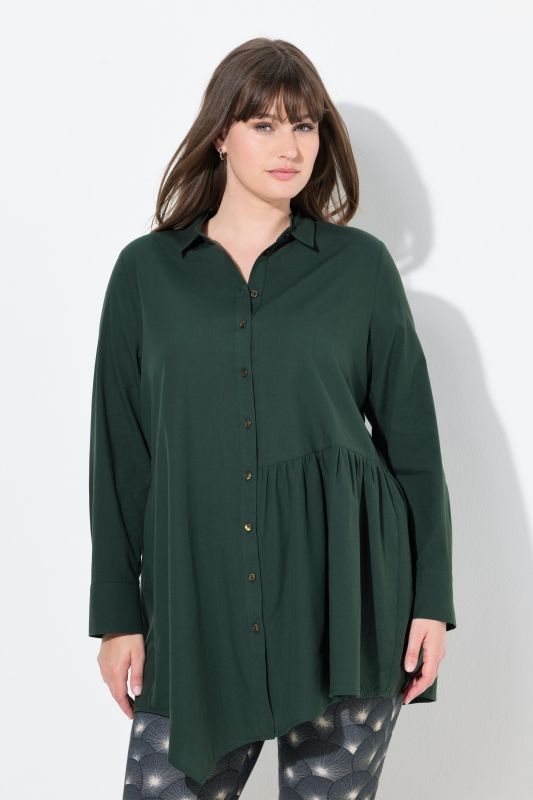 Eco Cotton Asymmetric Flounce Panel Button Down Tunic Blouse