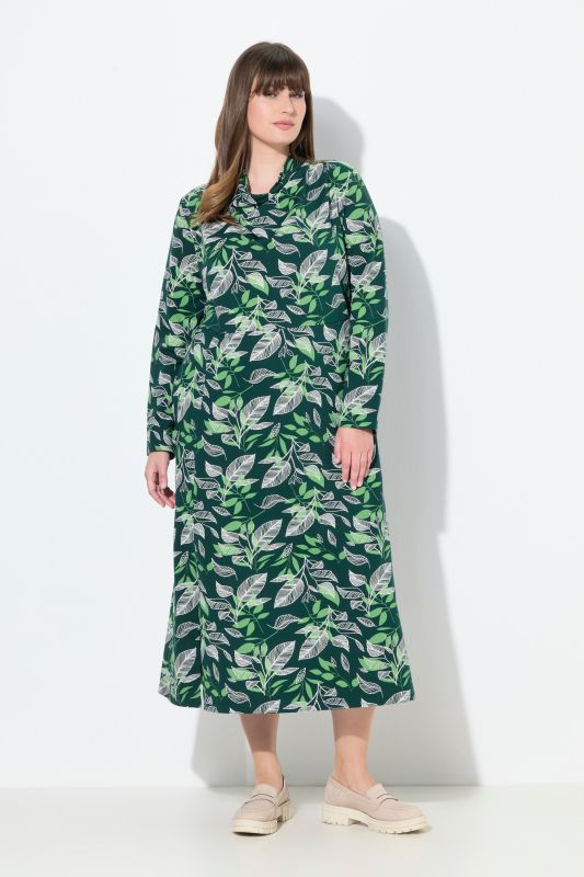 Eco Cotton Leaf Print Waterfall Collar Sweatshirt Dress