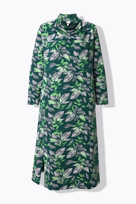 Eco Cotton Leaf Print Waterfall Collar Sweatshirt Dress