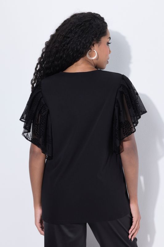Flocked Flower Wing Sleeve Top