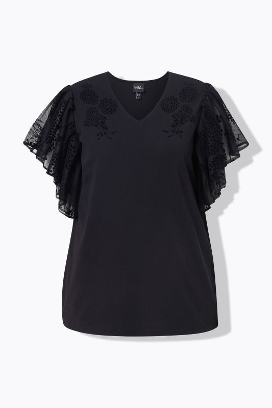 Flocked Flower Wing Sleeve Top