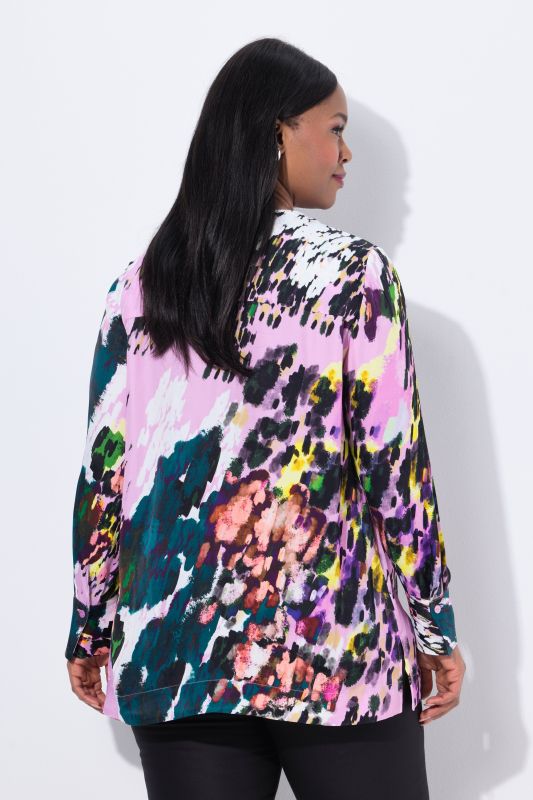 Abstract Print Long Sleeve Satin Blouse