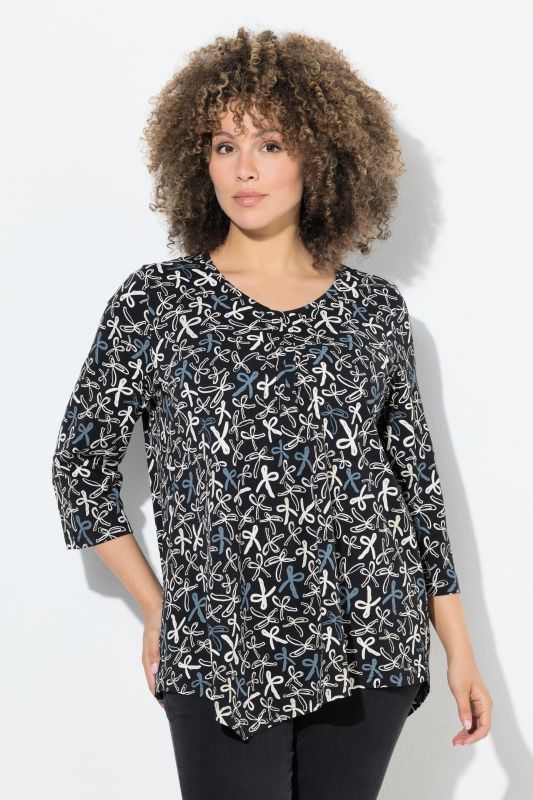 Ribbon Print 3/4 Sleeve Asymmetric Tee