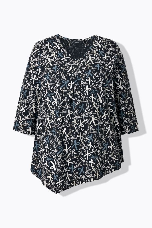 Ribbon Print 3/4 Sleeve Asymmetric Tee