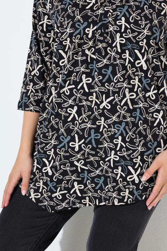 Ribbon Print 3/4 Sleeve Asymmetric Tee