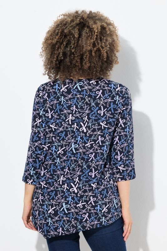 Ribbon Print 3/4 Sleeve Asymmetric Tee