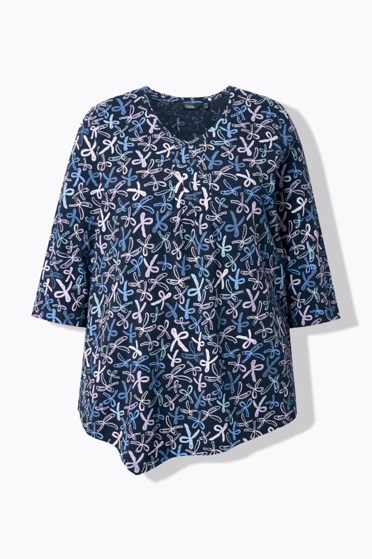 Ribbon Print 3/4 Sleeve Asymmetric Tee