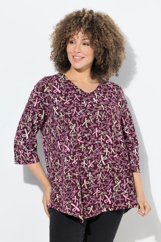 Ribbon Print 3/4 Sleeve Asymmetric Tee