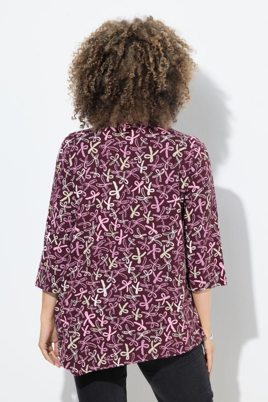 Ribbon Print 3/4 Sleeve Asymmetric Tee