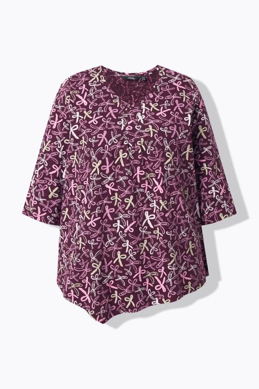 Ribbon Print 3/4 Sleeve Asymmetric Tee