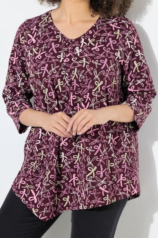 Ribbon Print 3/4 Sleeve Asymmetric Tee