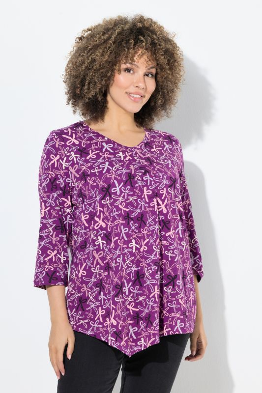 Ribbon Print 3/4 Sleeve Asymmetric Tee