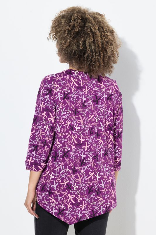 Ribbon Print 3/4 Sleeve Asymmetric Tee