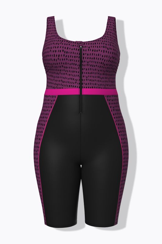 Dot Print Unitard Zip Front Swimsuit
