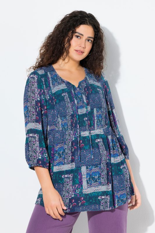 Patchwork Print Smocked 3/4 Sleeve Blouse