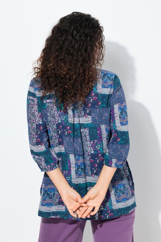 Patchwork Print Smocked 3/4 Sleeve Blouse