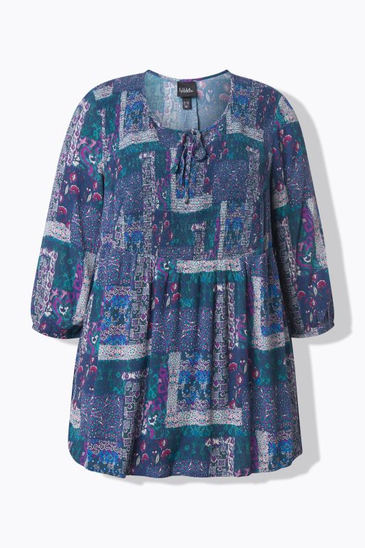 Patchwork Print Smocked 3/4 Sleeve Blouse