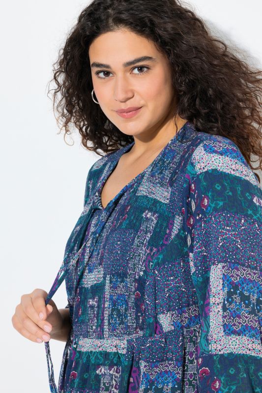 Patchwork Print Smocked 3/4 Sleeve Blouse
