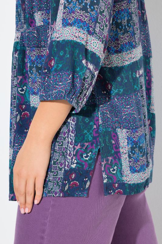 Patchwork Print Smocked 3/4 Sleeve Blouse