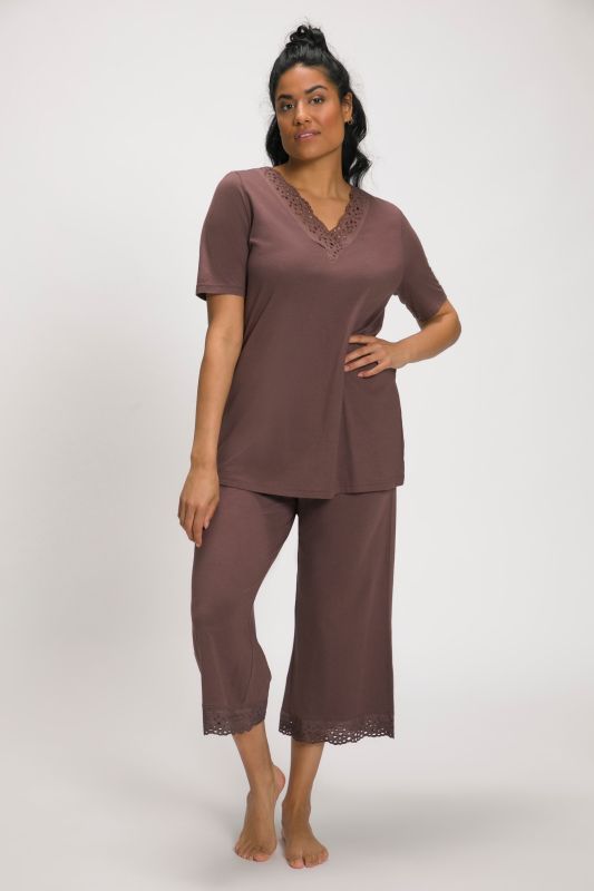 Eyelet Trim V-Neck Super Soft Cotton Blend Pajama Set