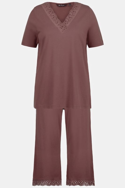 Eyelet Trim V-Neck Super Soft Cotton Blend Pajama Set