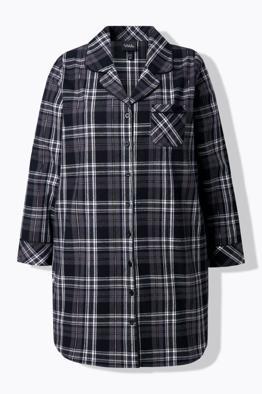 Plaid Button Front Cotton Flannel Sleep Shirt