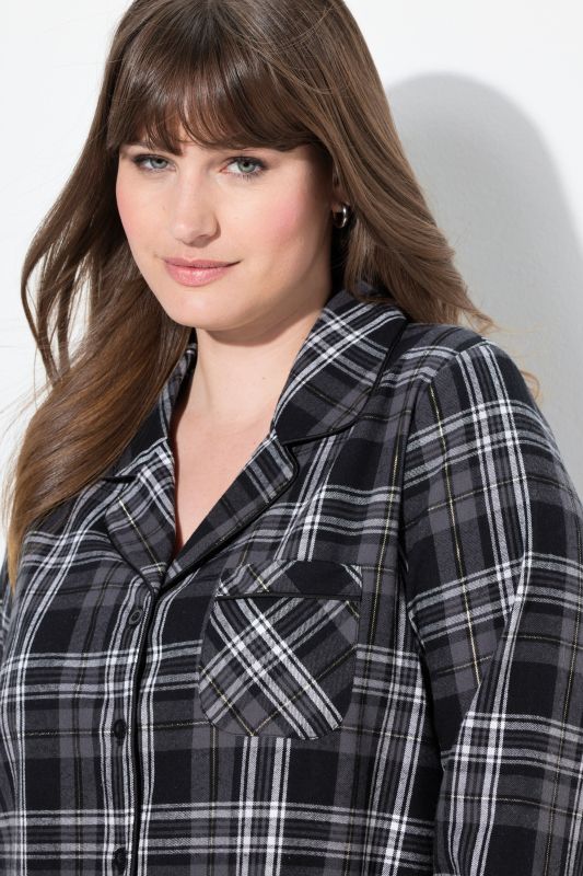 Plaid Button Front Cotton Flannel Sleep Shirt