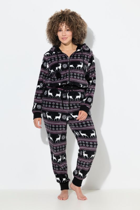 Nordic Print Zip Front Stretch Plush Lounge Jumpsuit