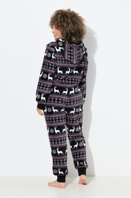 Nordic Print Zip Front Stretch Plush Lounge Jumpsuit
