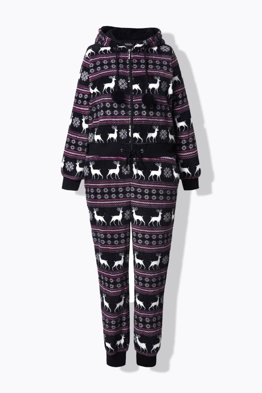 Nordic Print Zip Front Stretch Plush Lounge Jumpsuit