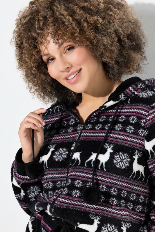 Nordic Print Zip Front Stretch Plush Lounge Jumpsuit