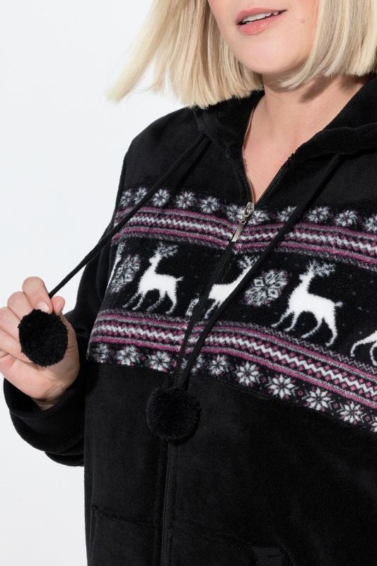 Norwegian Print Zip Front Hooded Plush Lounge Jacket