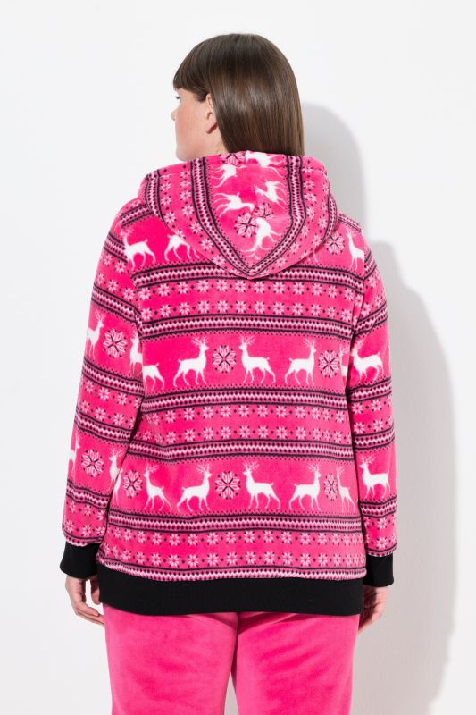 Nordic Stripe Print Zip Front Hooded Plush Lounge Jacket