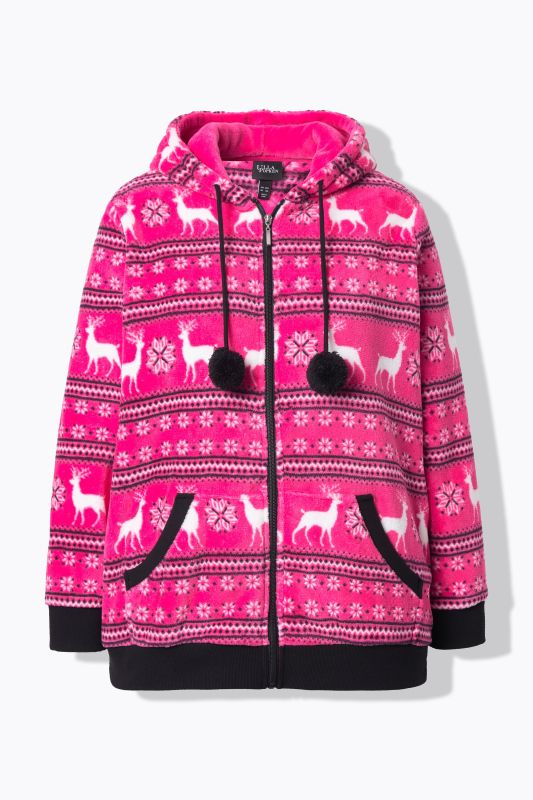 Nordic Stripe Print Zip Front Hooded Plush Lounge Jacket