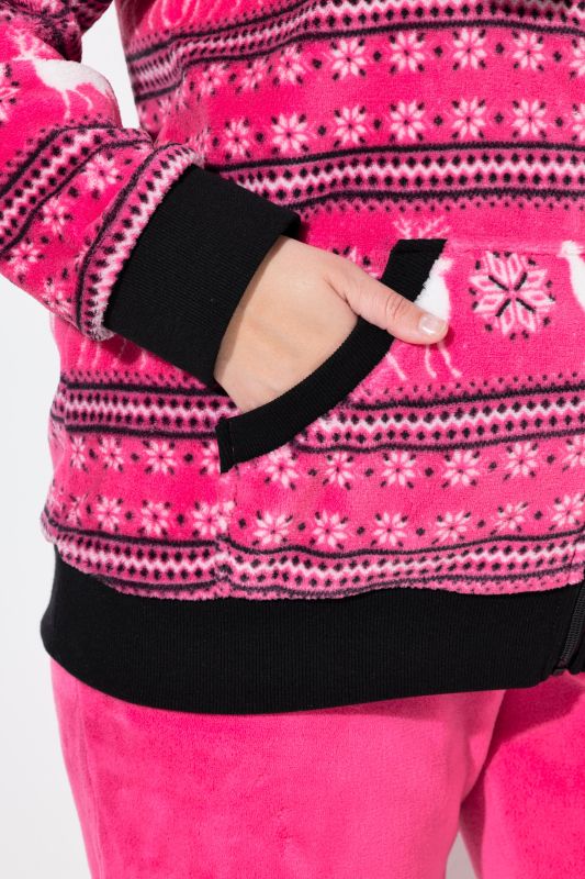 Nordic Stripe Print Zip Front Hooded Plush Lounge Jacket