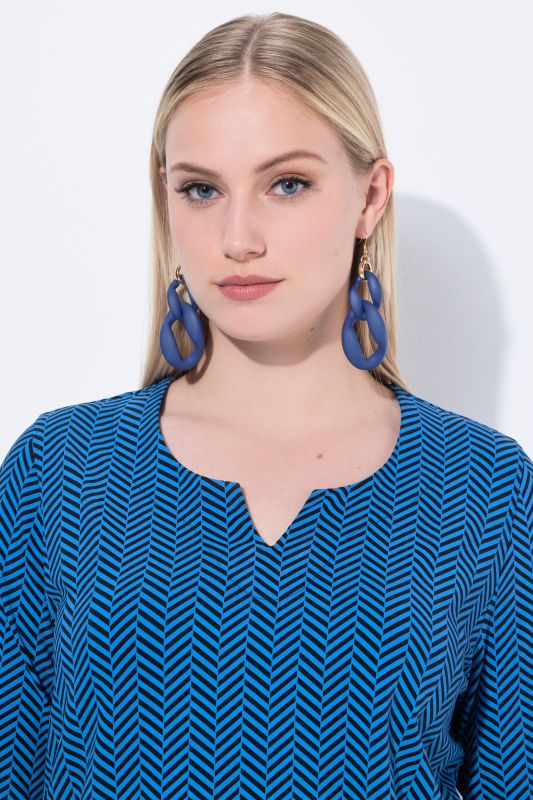 Herringbone Print Notch Neck A-line Fit Tee