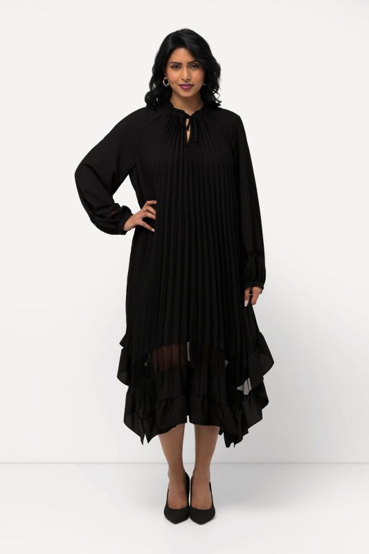 Pleated Flounce Panel Long Sleeve Dress